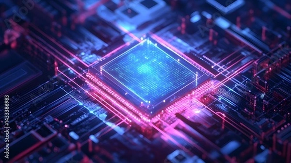 Obraz A computer chip with a blue and red design. The blue and red colors give the impression of a futuristic and advanced technology