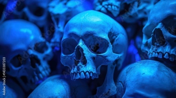 Fototapeta Skulls pile beneath intense blue light, evoking eerie mood, symbolizing mortality, decay, mystery, darkness.