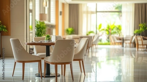 Fototapeta Table awaits patrons, set with plates and decor, promising an elegant dining experience in a modern setting.
