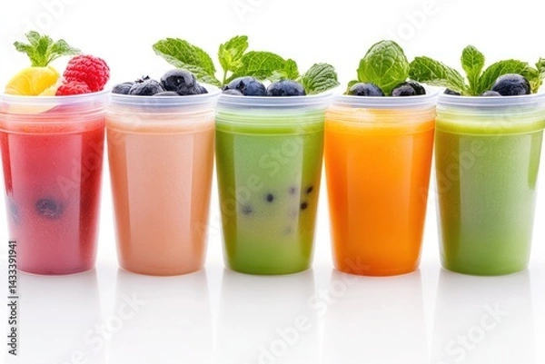 Obraz Five Colorful Fruit Smoothies in Clear Cups