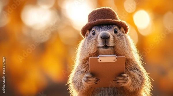 Fototapeta Groundhog with Hat Holding Clipboard in Autumn Scene for Presentation