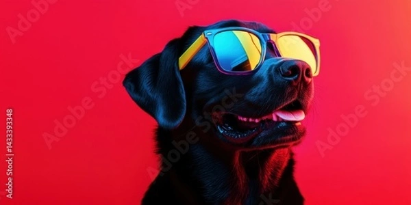 Obraz Stylish black dog wearing colorful sunglasses against a vibrant red background during a playful moment