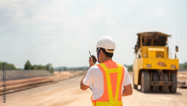 Fototapeta Construction Worker Communicating: A construction worker in a high-visibility vest and hard hat uses a walkie-talkie, overseeing a road roller on a construction site.