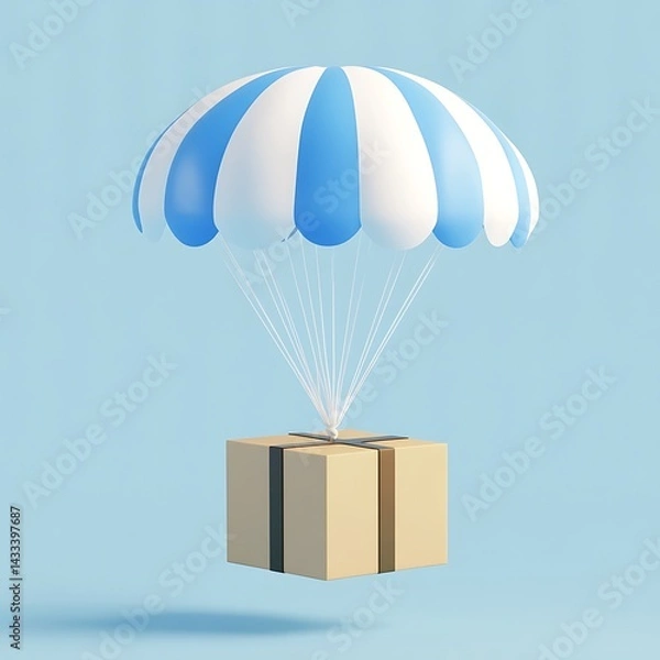 Obraz Cardboard box descends gracefully with striped parachute