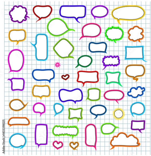 Fototapeta Assorted speech bubbles in various shapes and sizes, vibrant colors, on grid paper background