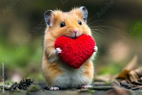 Obraz Digital ads animal concept design. Cute hamster baby with fluffy red heart on in a natural habitat. Hamster - my cherished animal. Love in the heart of the wild. Wildlife romance.
