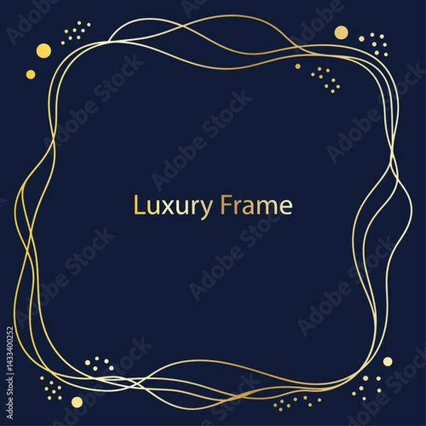 Obraz Elegant Luxury Golden Frame on Dark Blue Background with Abstract Wavy Lines and Decorative Dots for Invitations, Certificates, Greeting Cards, and Premium Design Templates
