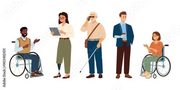 Fototapeta Group of five diverse people with disabilities and assistive devices