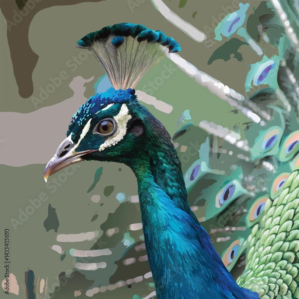 Fototapeta Captivating close-up of a proud and regal peacock displaying its feathers. 

