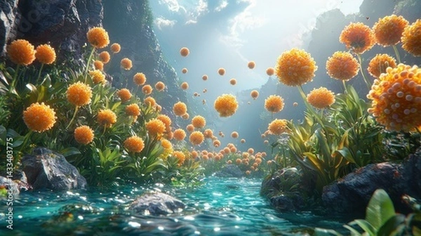 Fototapeta Enchanted Stream: A Fantasy Landscape of Floating Orange Blossoms