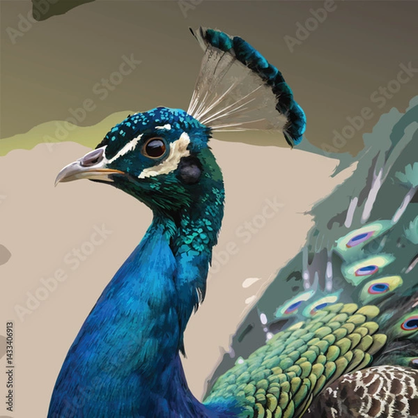 Fototapeta Captivating close-up of a proud and regal peacock displaying its feathers. 
