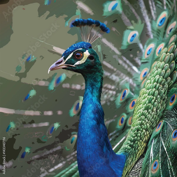 Fototapeta Captivating close-up of a proud and regal peacock displaying its feathers. 
