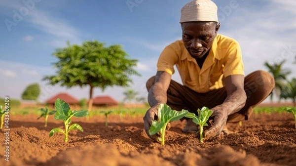 Obraz Farmer Plants Seedlings in A Field Under A Sunny Sky