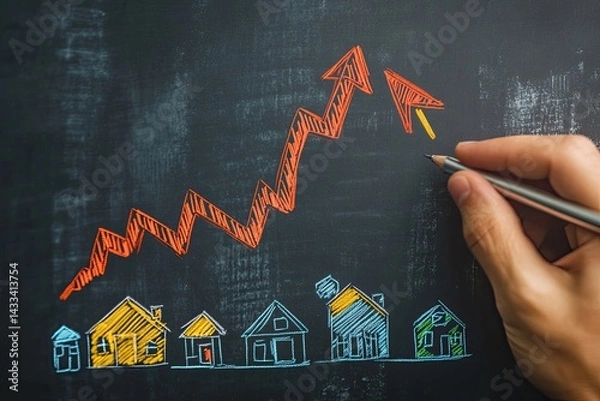 Fototapeta Hand drawing an upward arrow representing rising home prices