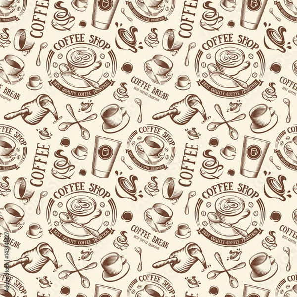 Fototapeta Isolated brown color cup in retro style background, coffee shop backdrop vector illustration