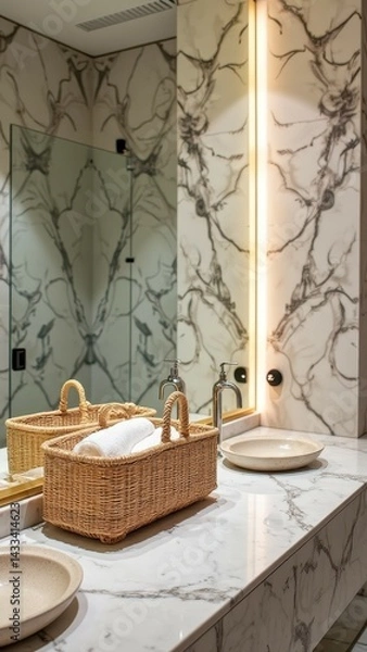 Obraz Luxurious marble bathroom with dual sinks and wicker basket