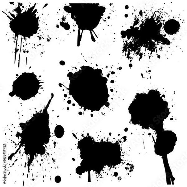 Fototapeta Black ink splashes on a white background create artistic abstract designs