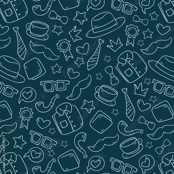 Fototapeta Seamless pattern with tie, hat, mustache and glasses. Modern background for Father's Day.
