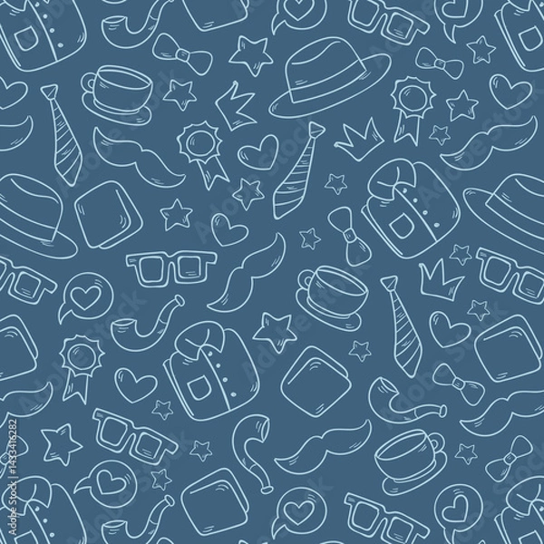 Fototapeta Seamless pattern with tie, hat, mustache and glasses. Modern background for Father's Day.
