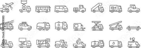 Fototapeta Airport ground support transport line icon set. Vector pictograms of runway inspection, sweeper, generator, water loader, passenger bus, thin linear illustration.
