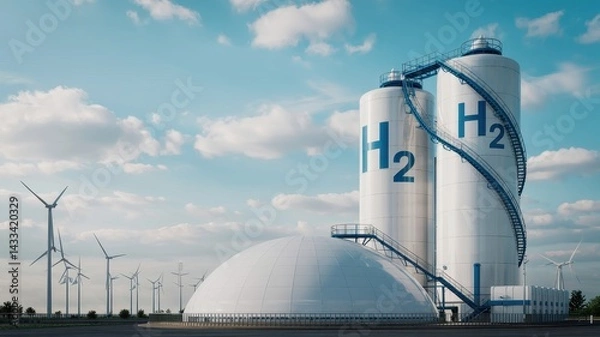 Obraz Modern hydrogen storage facility with wind turbines.