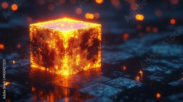 Fototapeta Glowing cube emits bright orange light, illuminating digital design, symbolizing advanced technology, innovation.