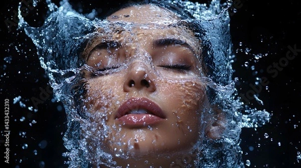 Obraz Beautiful Woman with Water Splashing on Face Against Black