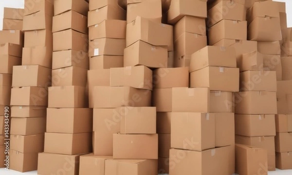 Fototapeta Neatly stacked brown cardboard boxes on a pristine white background , recycle, sustainable living