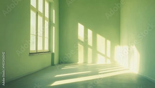 Fototapeta Sunlight streams through a window into a green room, casting long shadows on the wall and floor