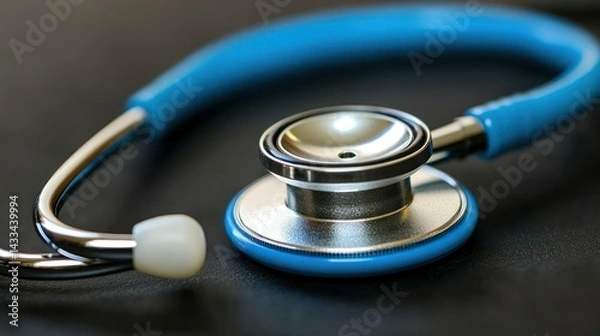 Fototapeta A Close-Up of a Blue Stethoscope on a Dark Surface