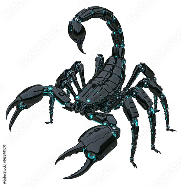 Obraz Black robotic scorpion with glowing blue lights and sharp mechanical claws, isolated on a transparent background