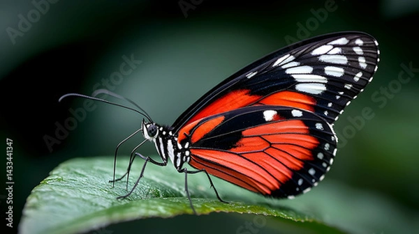 Obraz Red And Black Butterfly On A Green Leaf