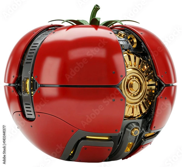 Obraz Futuristic robotic tomato with shiny red shell and golden mechanical core, isolated on a transparent background