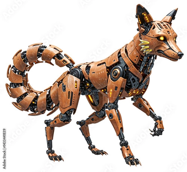 Fototapeta Futuristic robotic fox with glowing yellow eyes and segmented tail, isolated on a transparent background