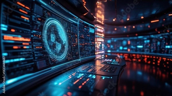 Fototapeta Futuristic control room with interactive displays