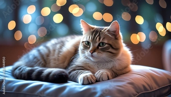 Fototapeta Serene Tabby Cat Relaxing on a Soft Pillow with Festive Bokeh Background