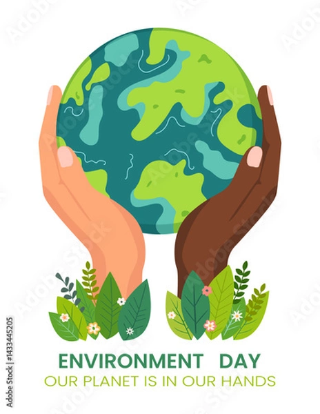 Fototapeta Environment Day. Earth Day. Hands of different races holding a green globe, planet Earth. Caring about nature and ecology. Vector illustration on isolated background