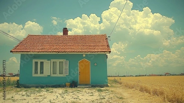 Fototapeta Tranquil Teal House in Golden Wheat Field Under a Cloudy Sky