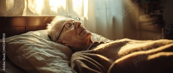 Obraz Elderly man resting peacefully in soft light by the window during afternoon hours in a cozy bedroom