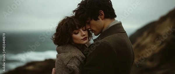 Obraz Romantic couple embraces on a rocky beach during a moody winter sunset by the ocean