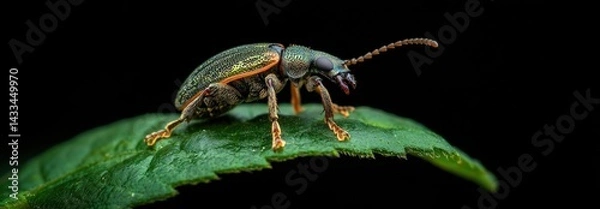 Fototapeta Close-up view of a vibrant beetle perched on a green leaf in a natural setting during daylight hours