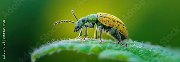 Obraz Vibrant green and yellow beetle on a leaf with blurred natural background during a sunny day