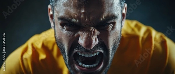 Obraz Intense moment of a man expressing anger and frustration in a dark environment without distractions