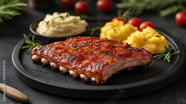 Fototapeta Delicious Grilled Pork Ribs with Mashed Potatoes and Tomatoes on Plate