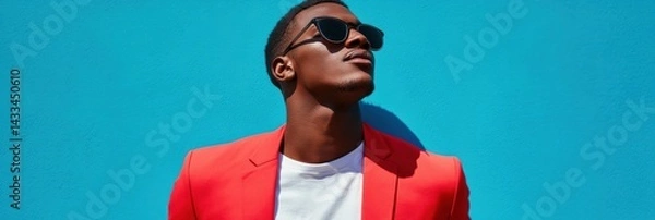 Obraz Man in red blazer poses against vibrant blue background, capturing bold fashion statement in urban setting