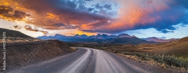 Obraz Winding gravel road leads through mountains under vibrant sunset sky in the Andes region