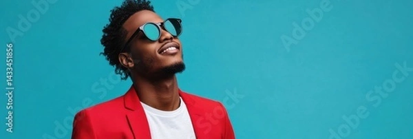 Obraz Man in a red blazer and sunglasses smiles confidently against a blue background during a sunny day