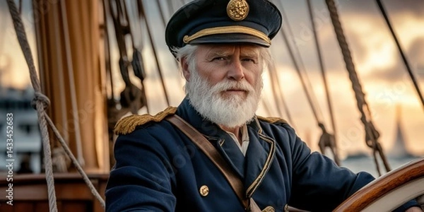 Obraz Experienced captain navigating a majestic ship at sunset near a bustling harbor