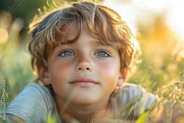 Fototapeta Young boy enjoying nature on a sunny day in a grassy field Generative AI