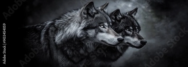 Obraz Wolves stand together in a misty forest during twilight highlighting their strong features and unity